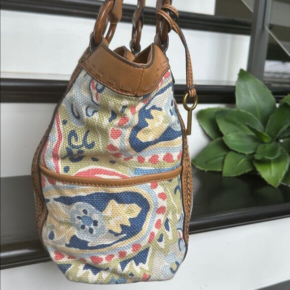 Fossil, genuine, leather, colorful canvas, shoulder handbag, purse, like new - Picture 3 of 11